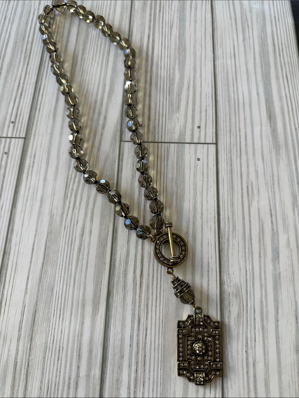 Heidi Daus Smoky Crystal Bead Necklace with Antique Gold Pendant
